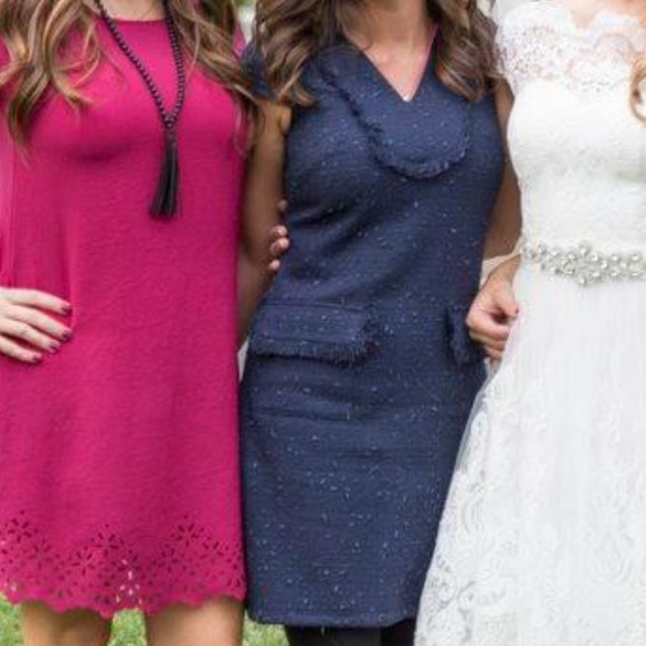 Navy tweed Sail to Sable dress, with pink accents. - Picture 2 of 4